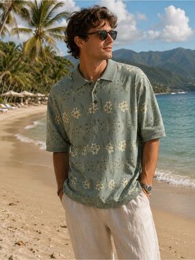 Tommy Bahama Vintage Men's 3 Button Polo Shirt flower Print Large (L)
